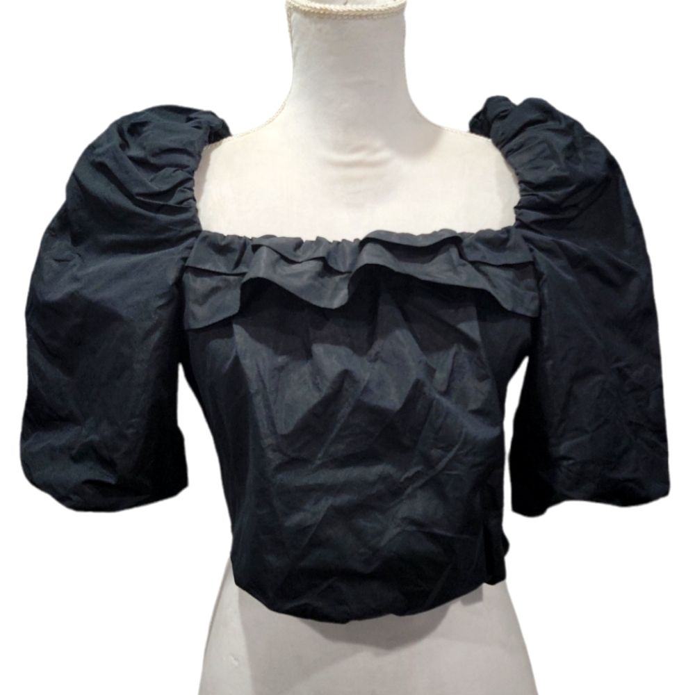 New With Tags! Zara Black Puffy Sleeve Ruffle Crop Blouse Size Small